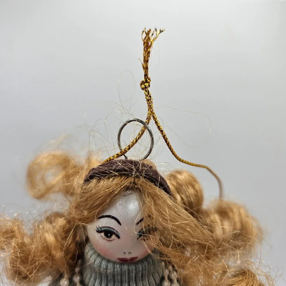 Vintage Porcelain Doll Ornament Blonde Hair Turtleneck Sweater‎ Plaid Skirt 8